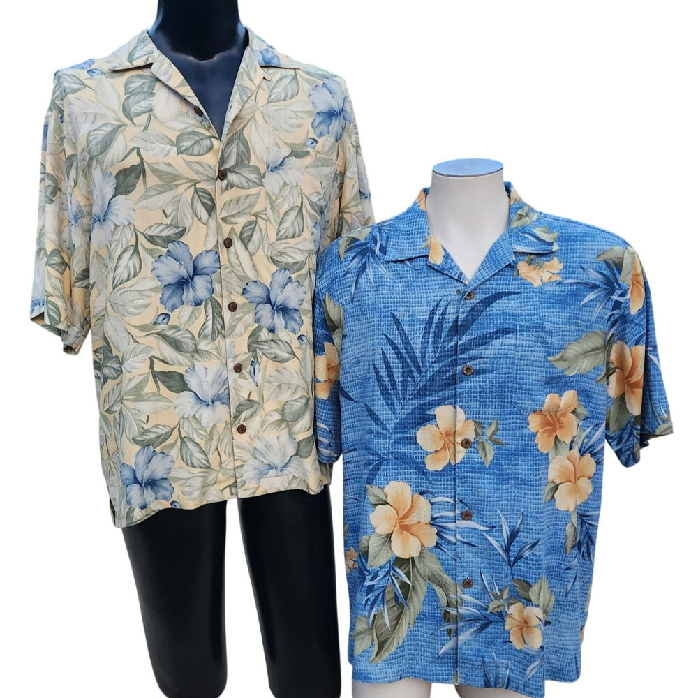SILK 2* Tommy Bahama Button Shirt men MEDIUM 40 Blue Yellow HAWAIIAN Tropical